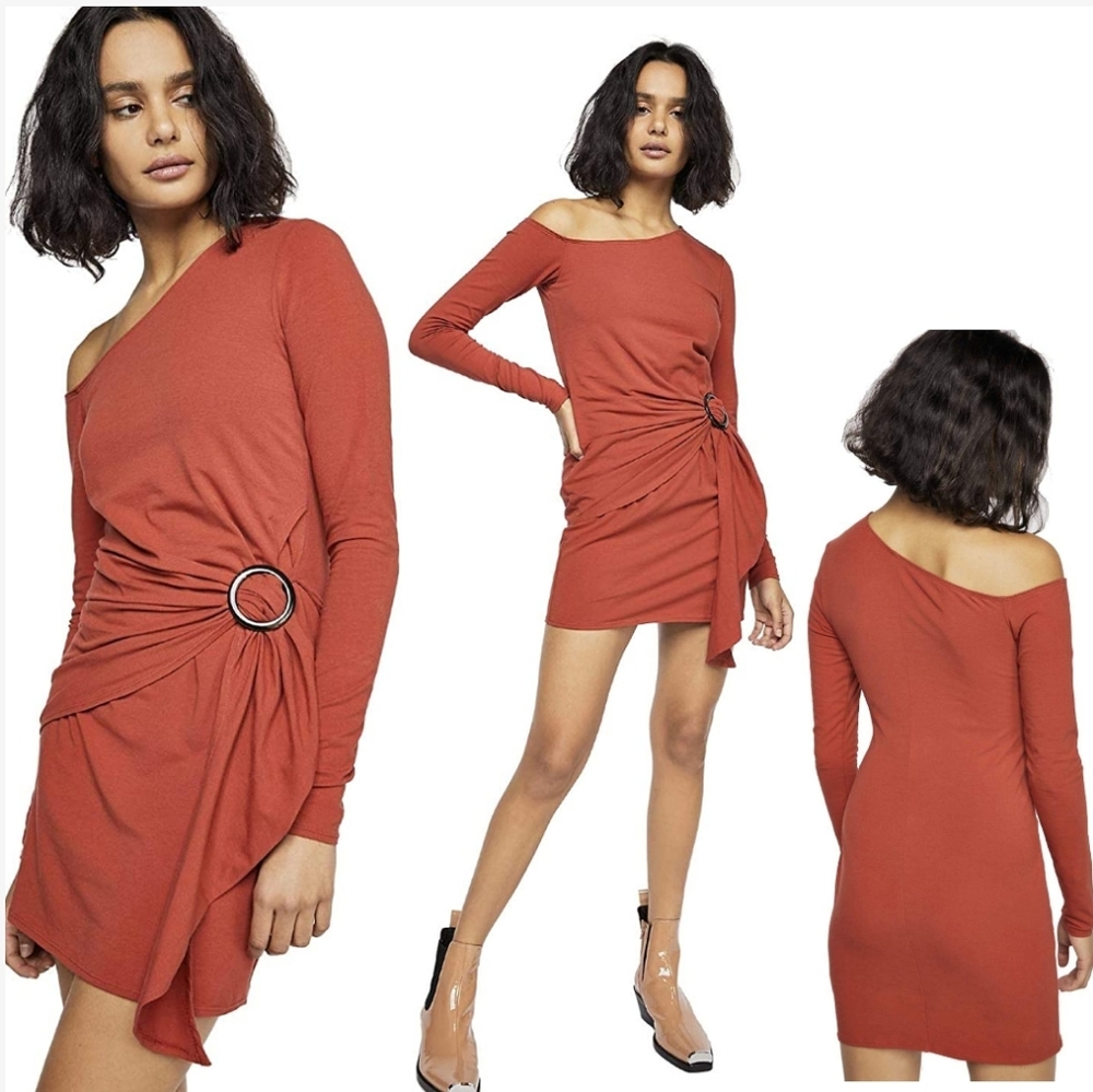 Free People Rust One-Shoulder Long Sleeve Mini Dress